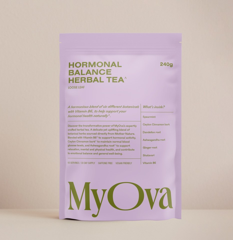 a bag of hormonal balance herbal tea by myova