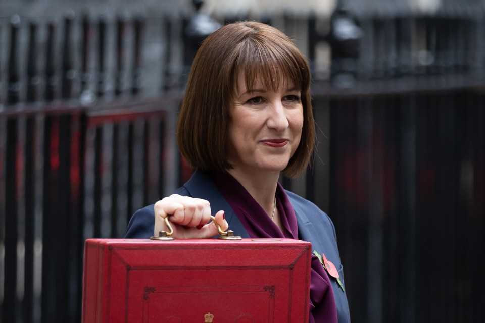 a woman holding a red briefcase with a crown on it