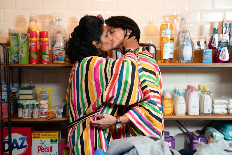 two women kissing in front of a shelf with a box of persil on it
