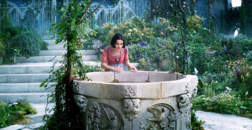 a woman standing next to a stone well in a garden