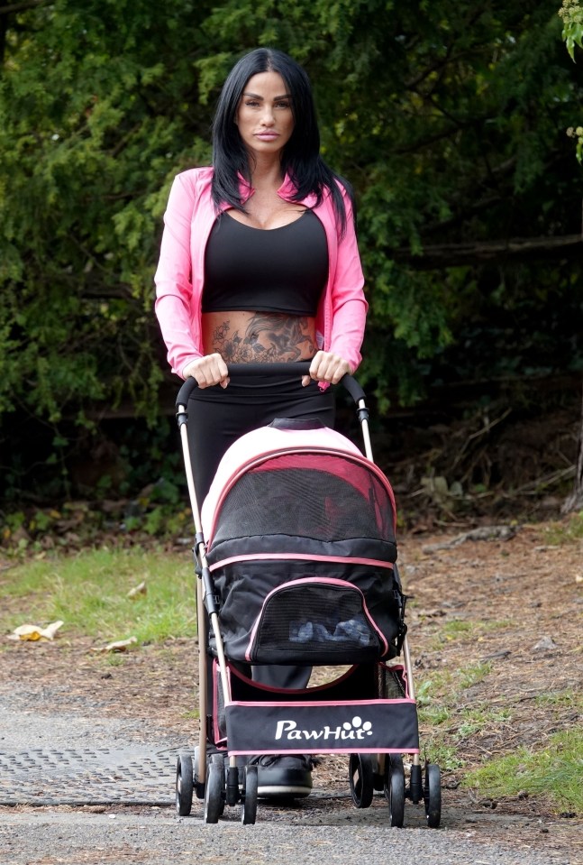 a woman pushes a stroller that says paw hut on it
