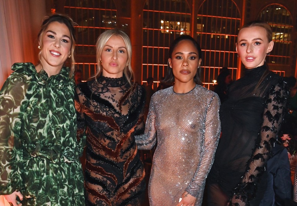 LONDON, ENGLAND - NOVEMBER 15: (EDITOR'S NOTE: Image contains partial nudity.) (L to R) Mary Earps, Leah Williamson, Alex Scott and Chloe Kelly attend the GQ Men of the Year Awards in association with BOSS at The Royal Opera House on November 15, 2023 in London, England. (Photo by Dave Benett/ Getty Images)