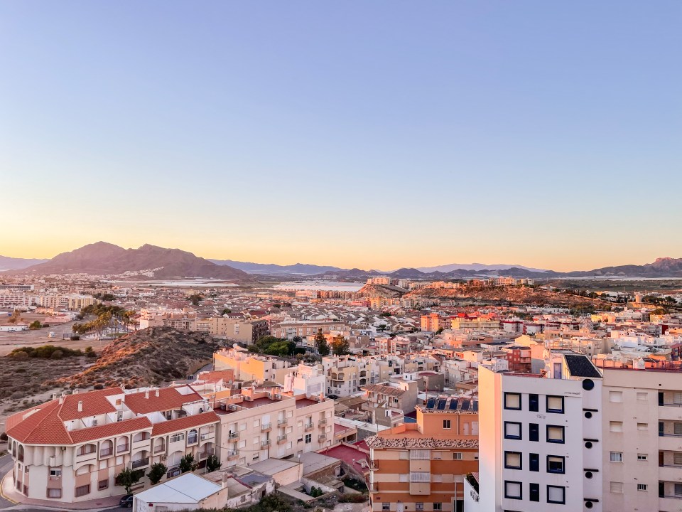 an aerial view of a city with mountains in the background