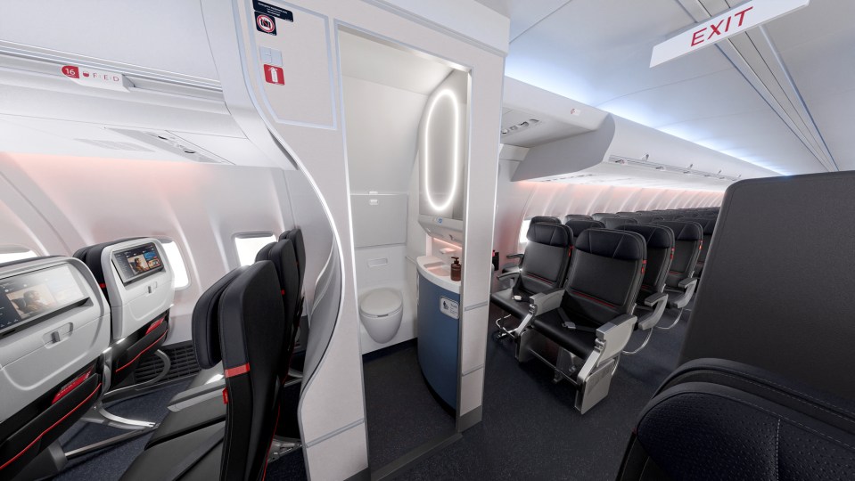 an airplane has an exit sign above the toilet
