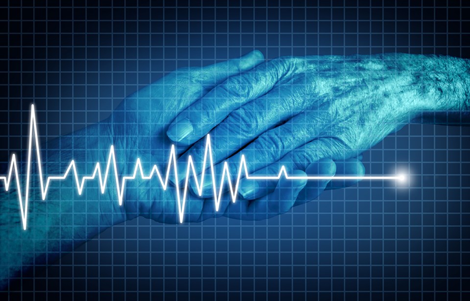 a person holding another person 's hand in front of a heartbeat line