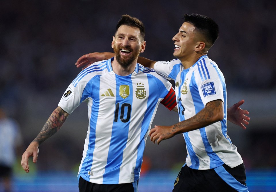 Soccer Football - World Cup - South American Qualifiers - Argentina v Bolivia - Estadio Mas Monumental, Buenos Aires, Argentina - October 15, 2024 Argentina's Lionel Messi celebrates scoring their fifth goal with Thiago Almada REUTERS/Agustin Marcarian TPX IMAGES OF THE DAY