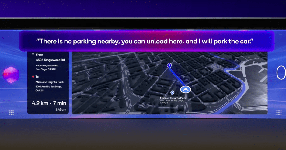 a computer screen shows a map and says " there is no parking nearby you can unload here and i will park the car "