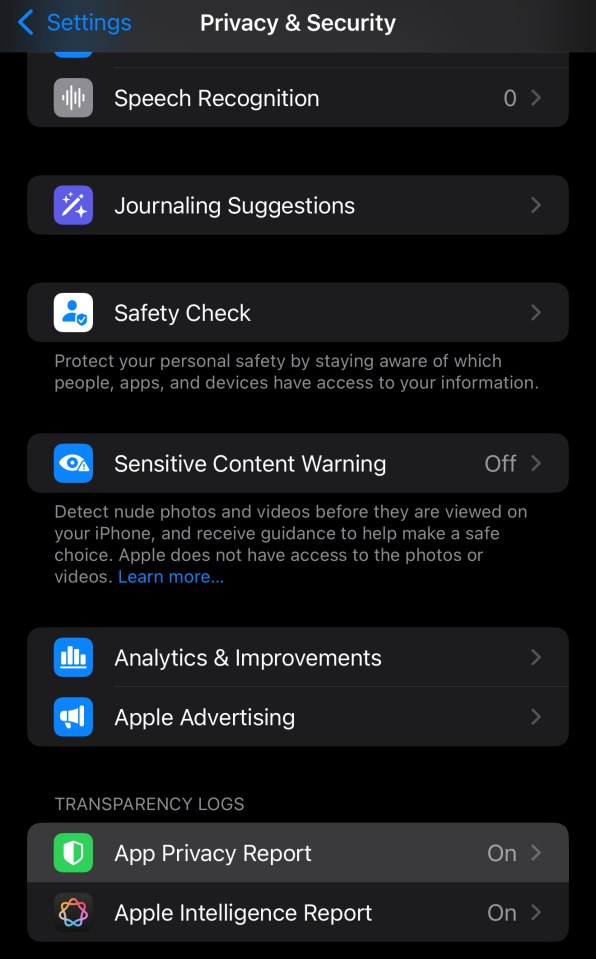 a screenshot of the privacy and security settings page