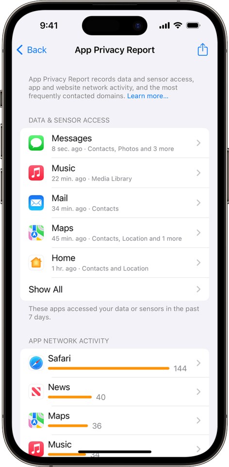 a phone screen showing the app privacy report