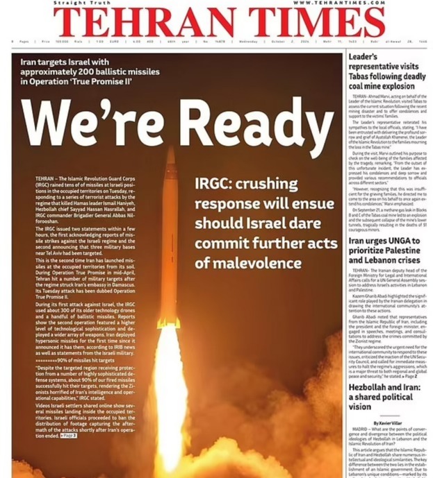 the front page of tehran times shows a rocket being launched