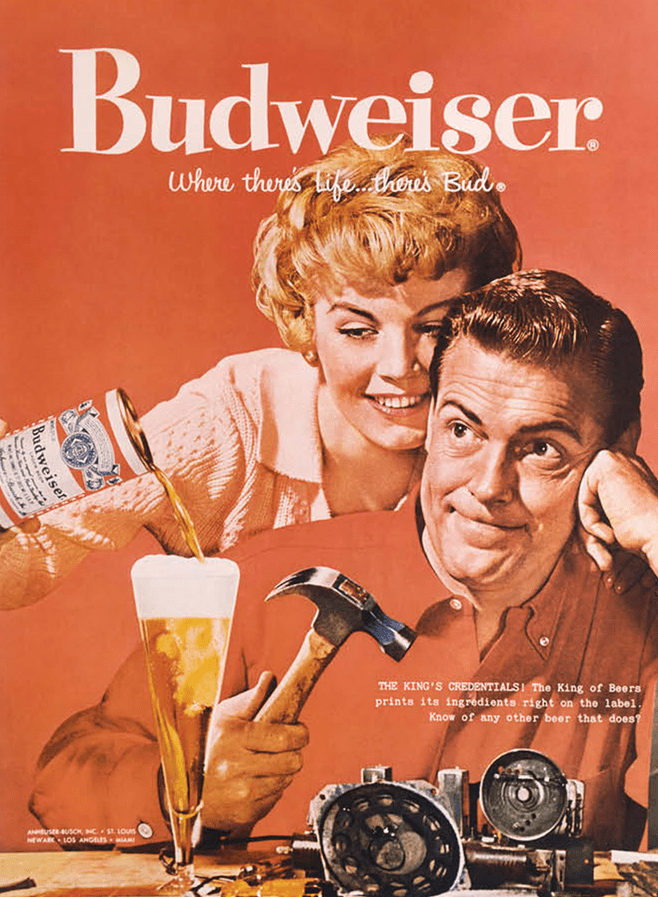 an advertisement for budweiser shows a woman pouring beer into a man 's glass