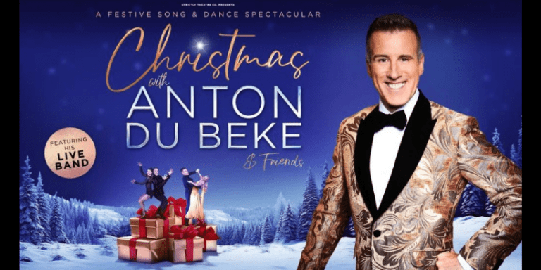 a poster for christmas with anton du beke featuring his live band