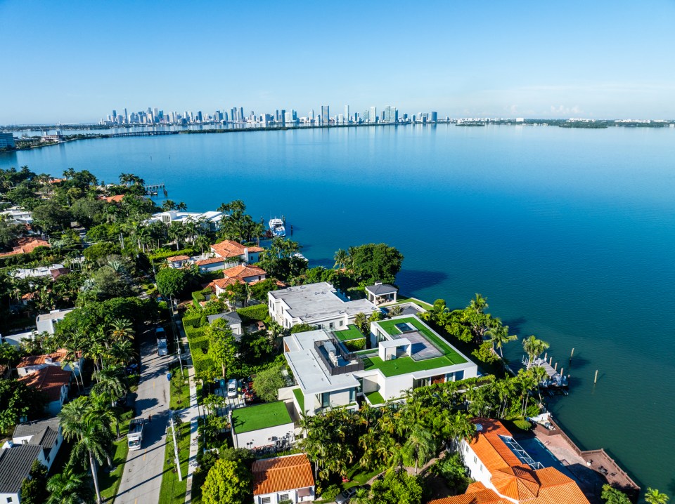 an aerial view of a large body of water with a city skyline in the background