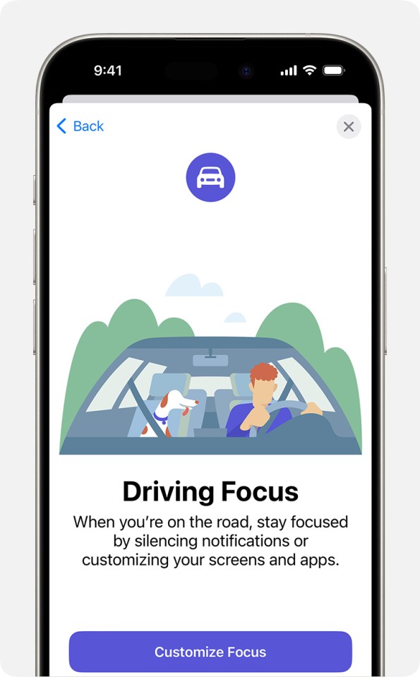a phone screen that says driving focus on it