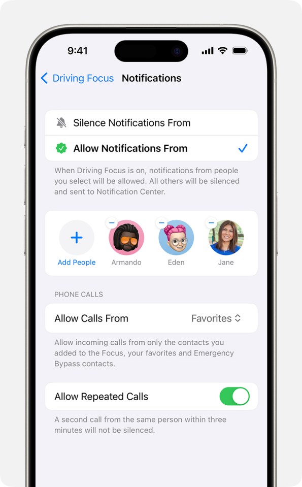 a phone screen shows the driving focus notifications page