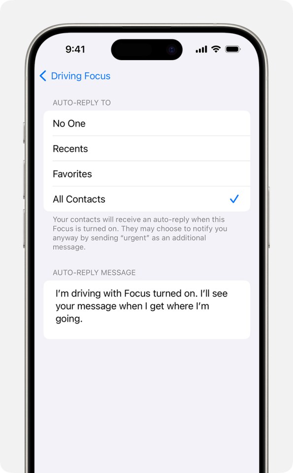 a phone screen shows the settings for driving focus