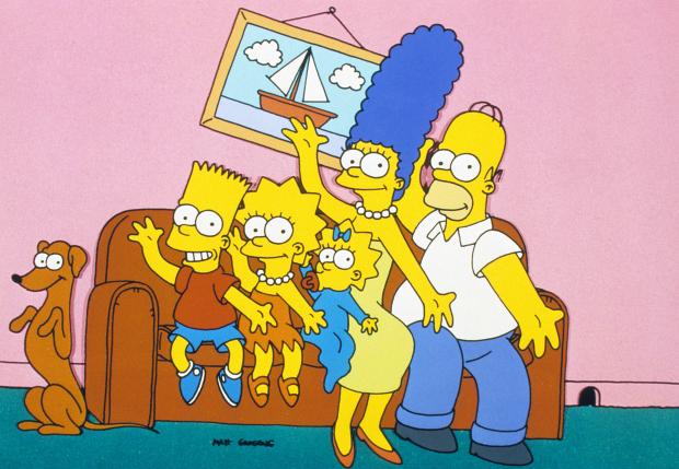 a cartoon of the simpsons sitting on a couch