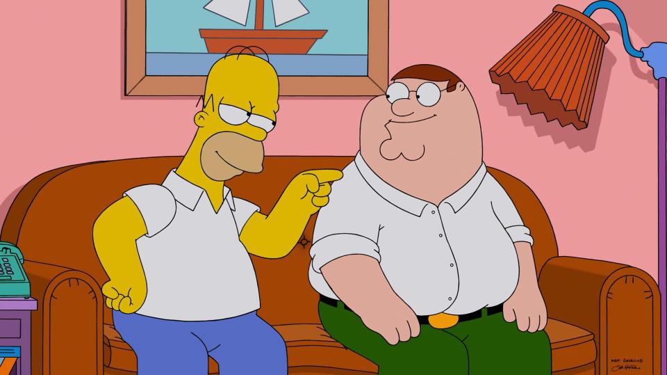 a cartoon of homer simpson and peter griffin sitting on a couch