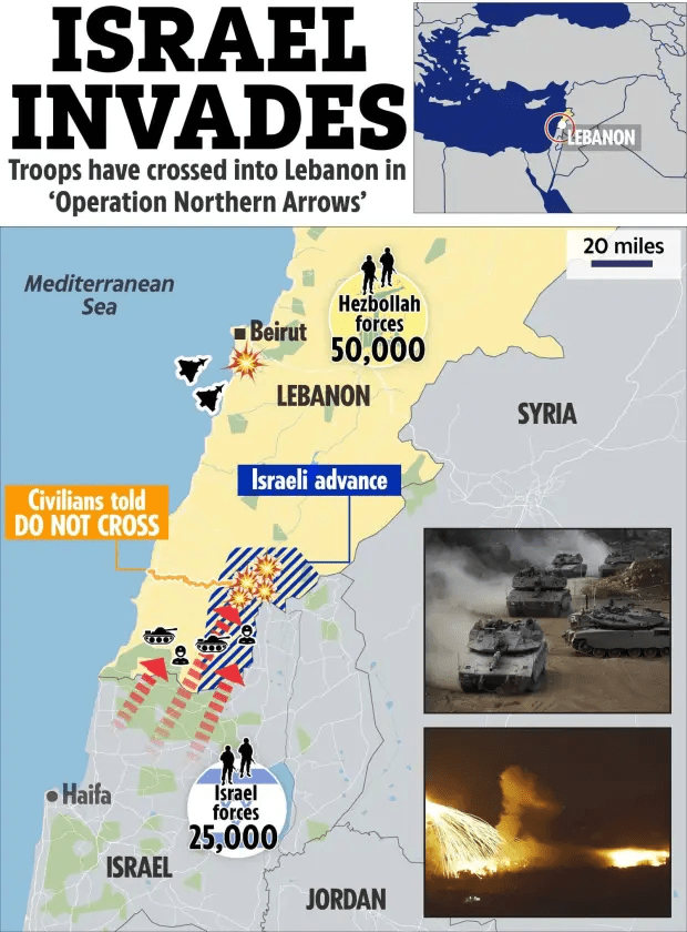a map showing israel invades troops have crossed into lebanon in operation northern arrows