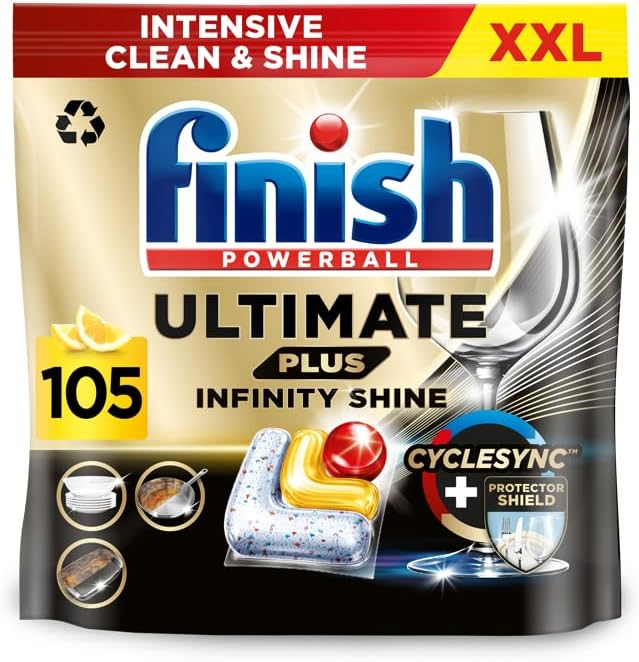 a bag of finish ultimate plus infinity shine dishwasher tablets