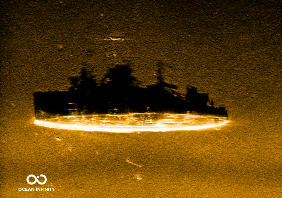 a silhouette of a ship with the words ocean infinity below it
