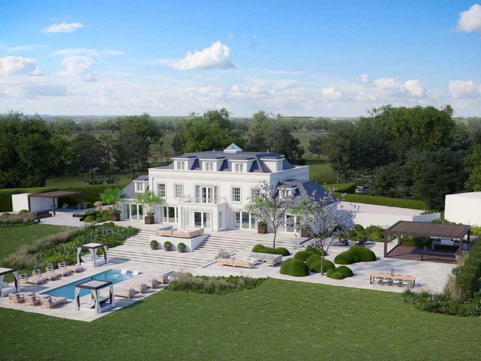 an artist 's impression of a large white house with a swimming pool