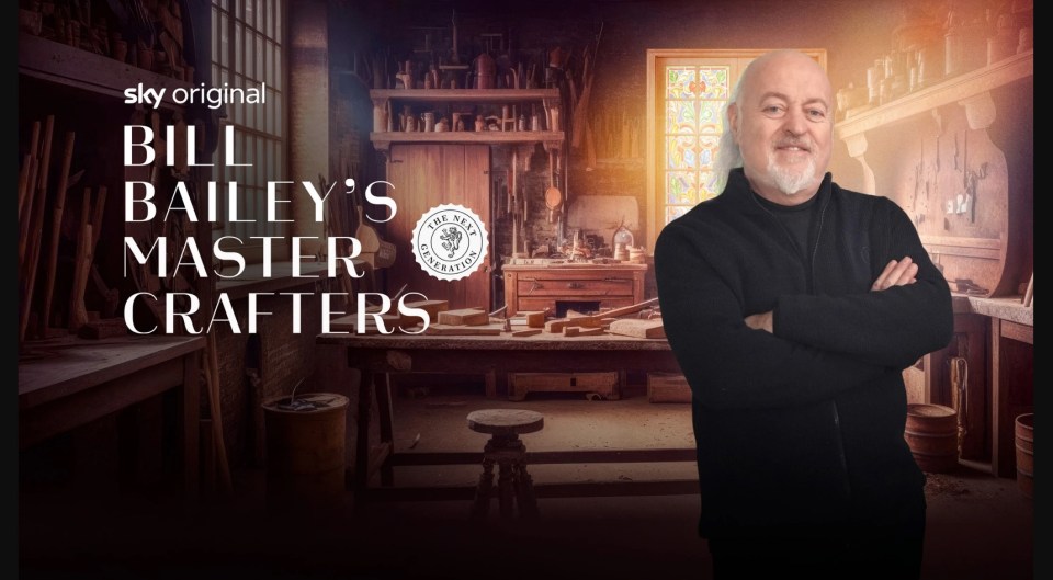 a poster for bill bailey 's master crafters shows a man in a workshop