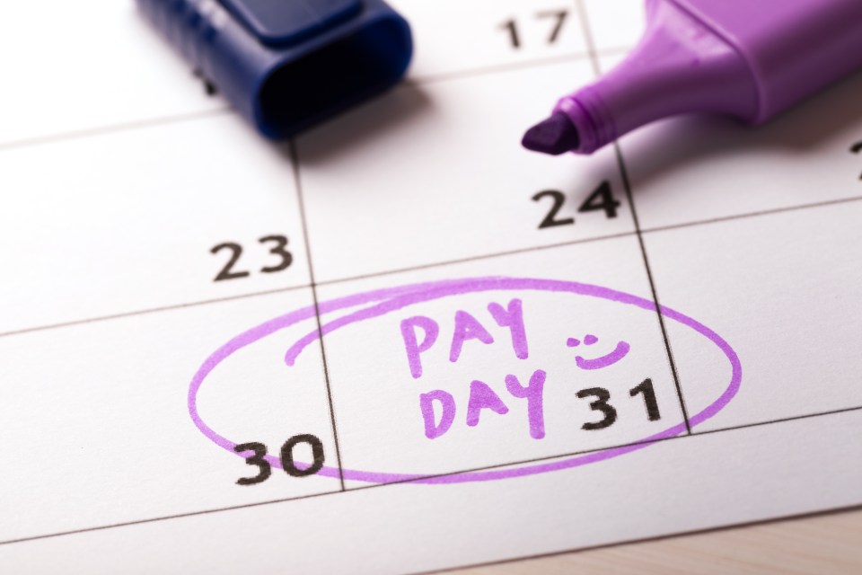 a calendar with the words pay day 31 circled in purple