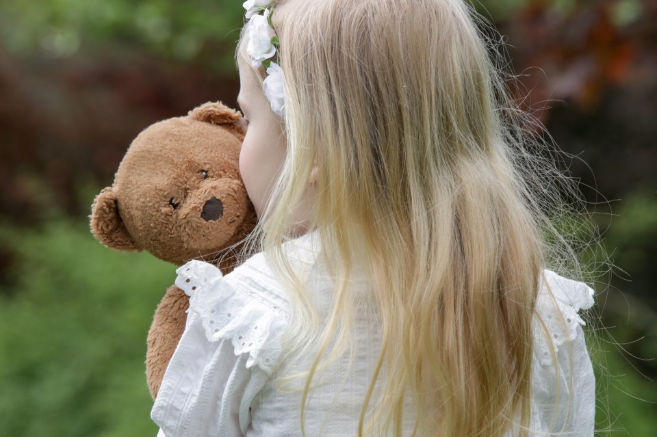 a little girl covering her face with a teddy bear