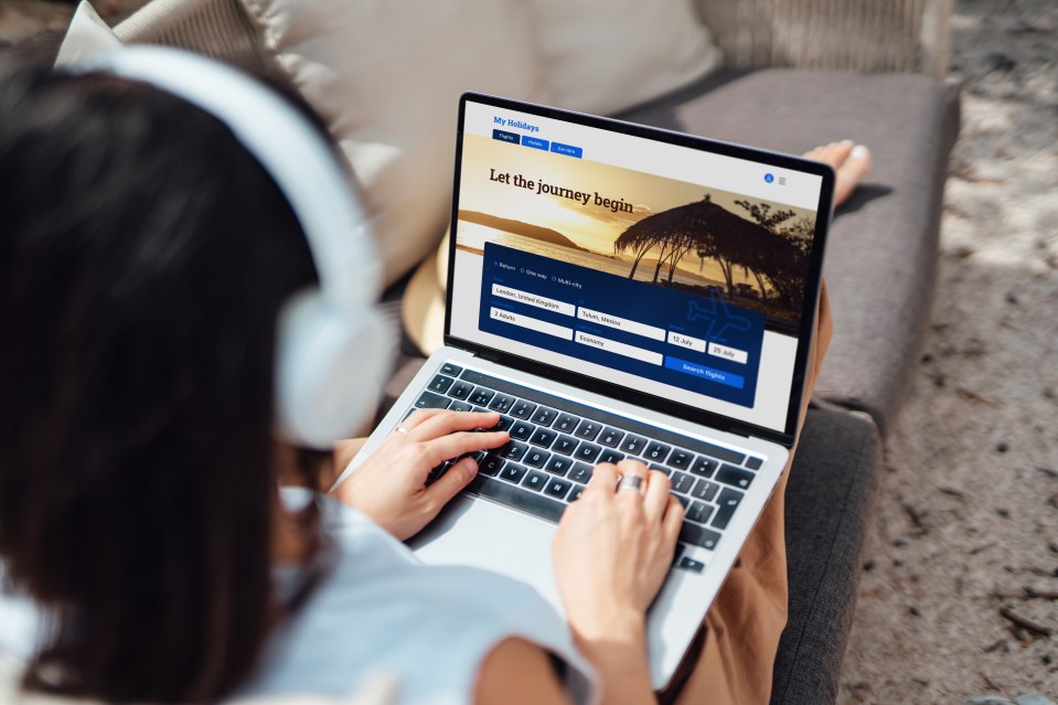 a woman wearing headphones is typing on a laptop that says let the journey begin