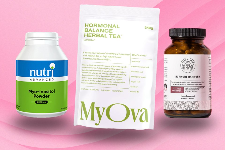 a bag of hormonal balance herbal tea sits next to a bottle of myova