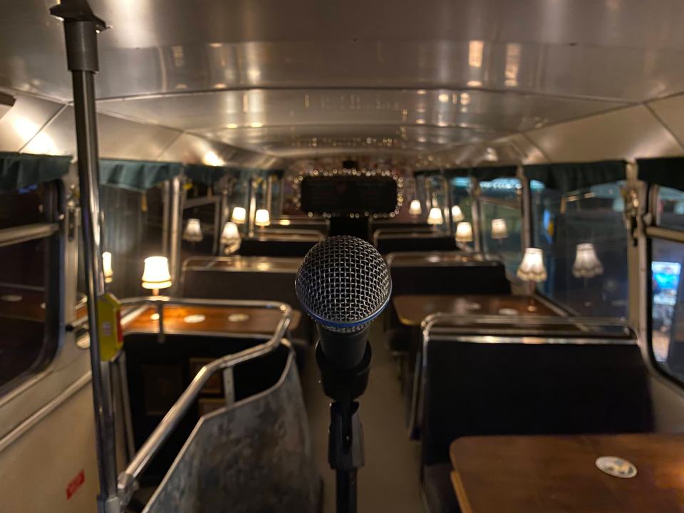 a microphone is sitting in the middle of a bus