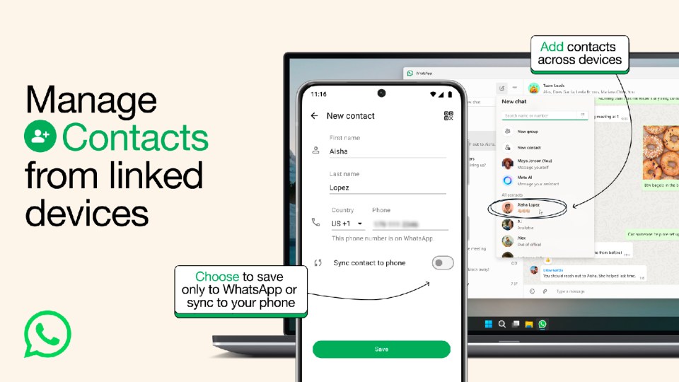 a phone screen shows how to manage contacts from linked devices