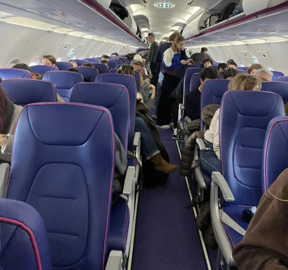 the inside of an airplane with purple seats and a purple ceiling