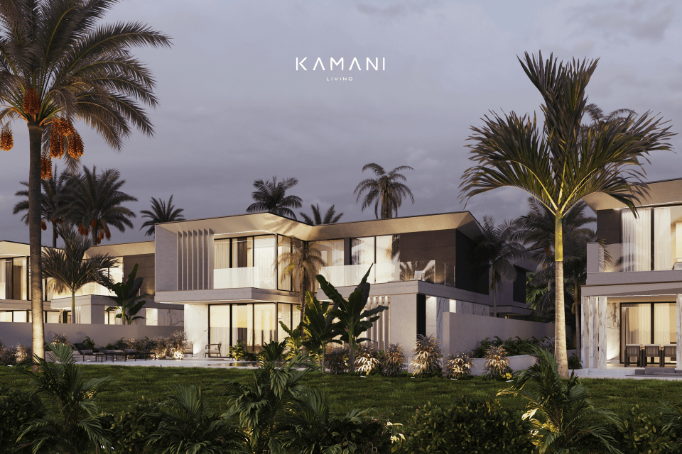 a rendering of a kamani living property with palm trees