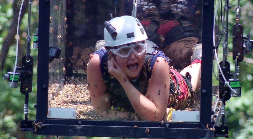 a woman wearing a helmet and goggles is laying on the ground
