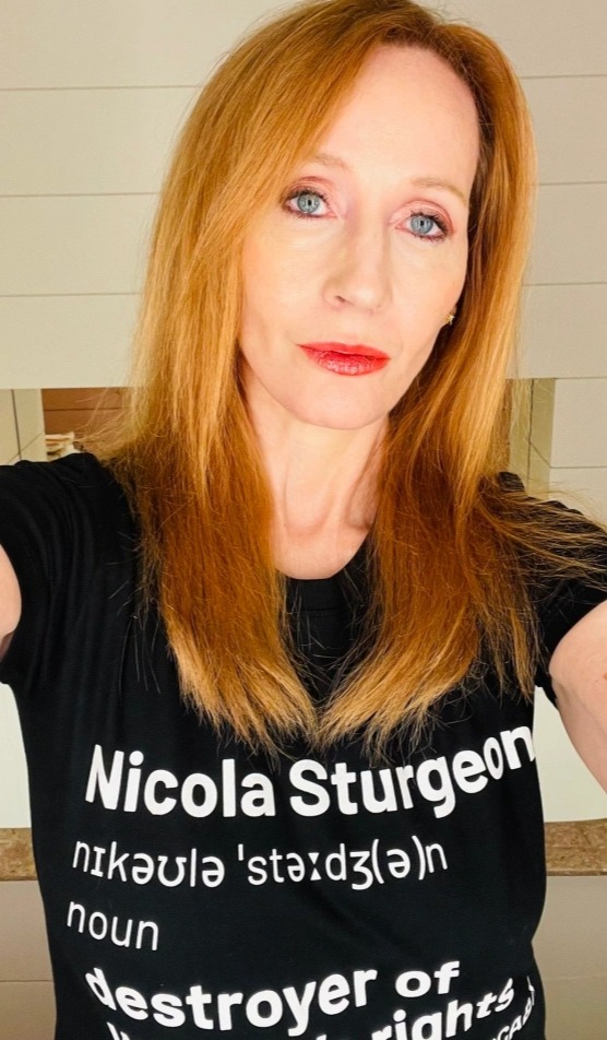 J.K. Rowling wearing a t-shirt that defines Nicola Sturgeon as a "destroyer of women's rights".
