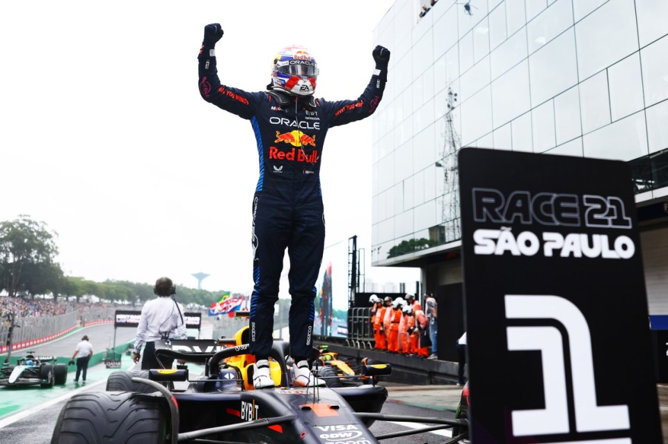 SAO PAULO, BRAZIL - NOVEMBER 03: Race winner Max Verstappen of the Netherlands and Oracle Red Bull Racing celebrates in parc ferme during the F1 Grand Prix of Brazil at Autodromo Jose Carlos Pace on November 03, 2024 in Sao Paulo, Brazil. (Photo by Mark Thompson/Getty Images)