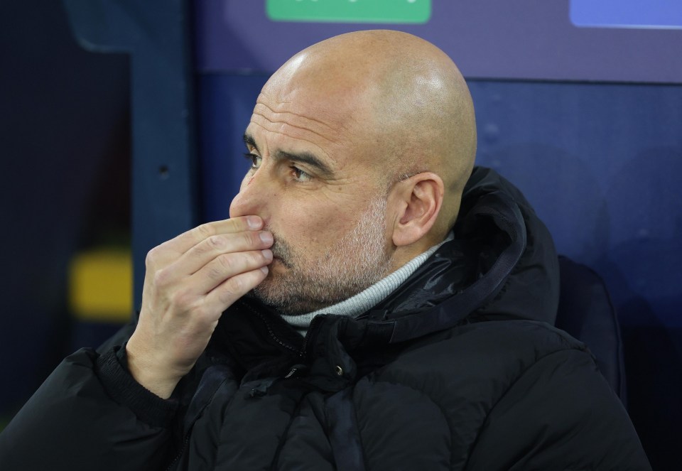 MANCHESTER, ENGLAND - NOVEMBER 26: Josep Guardiola Manager of Manchester City looks disappointed & dejected during the UEFA Champions League 2024/25 League Phase MD5 match between Manchester City and Feyenoord at City of Manchester Stadium on November 26, 2024 in Manchester, England. (Photo by Crystal Pix/MB Media/Getty Images)