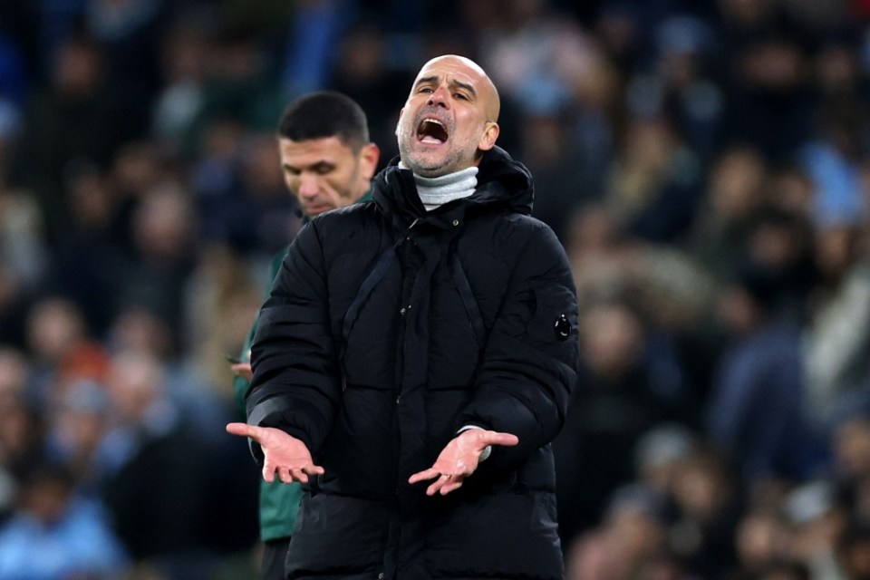 MANCHESTER, ENGLAND - NOVEMBER 26: Pep Guardiola, Manager of Manchester City, reacts during the UEFA Champions League 2024/25 League Phase MD5 match between Manchester City and Feyenoord at City of Manchester Stadium on November 26, 2024 in Manchester, England. (Photo by Carl Recine/Getty Images)