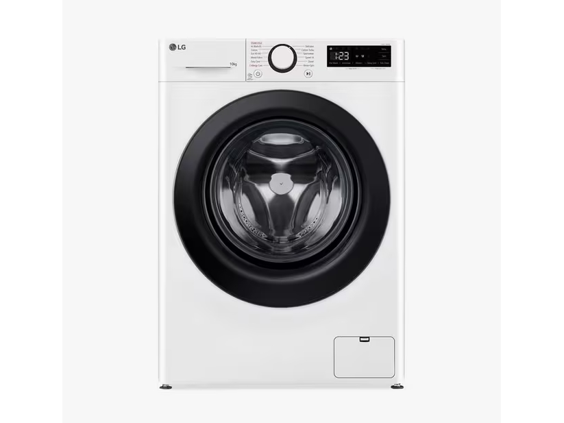 a white lg washing machine with a black door