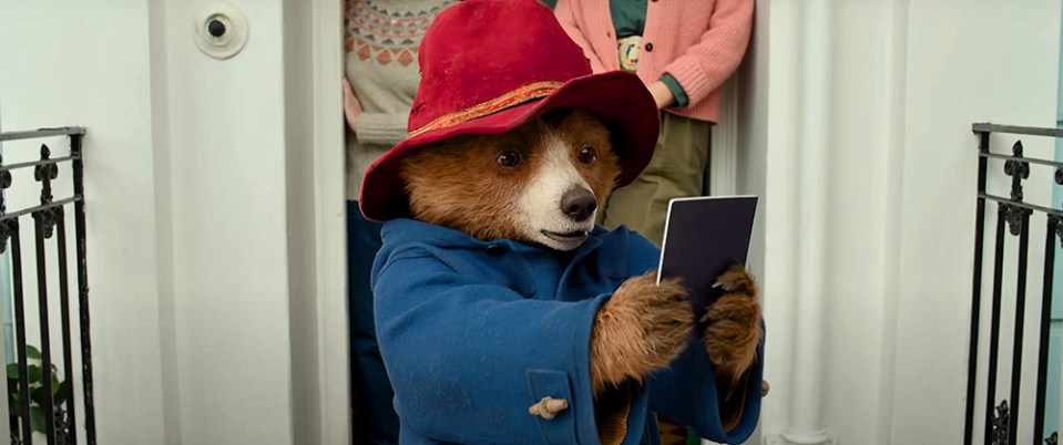 a bear wearing a red hat and a blue coat is holding a passport