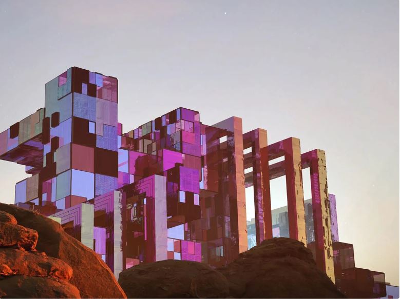 a purple building with a purple sky in the background
