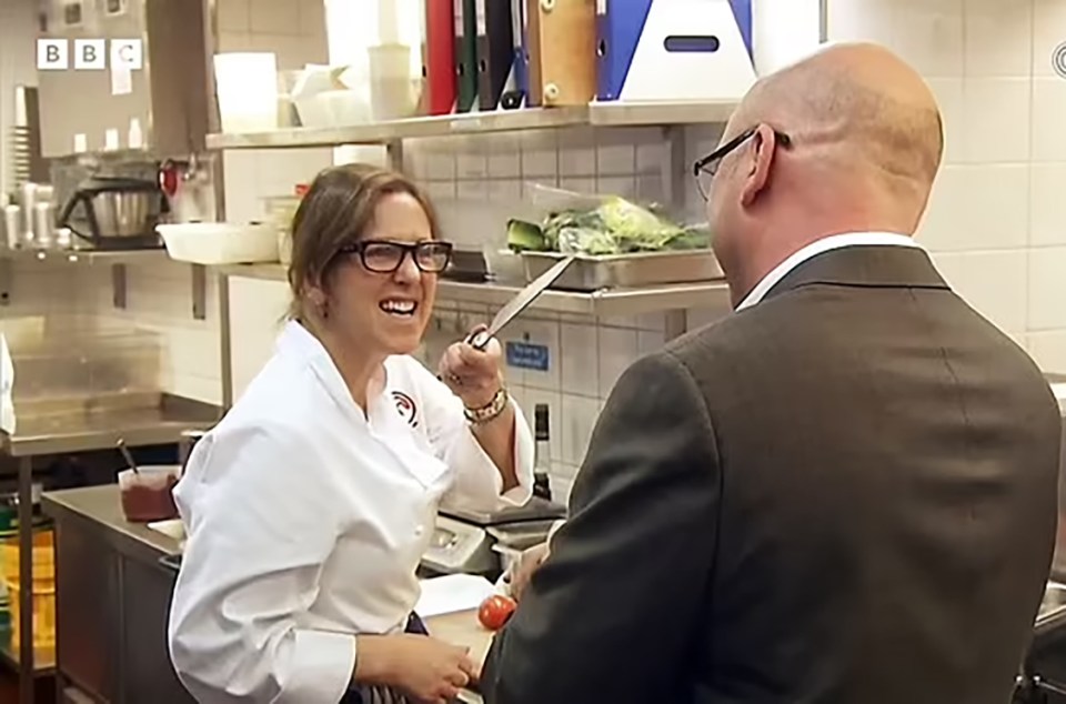 Kirsty Wark and Gregg Wallace in a Masterchef kitchen.