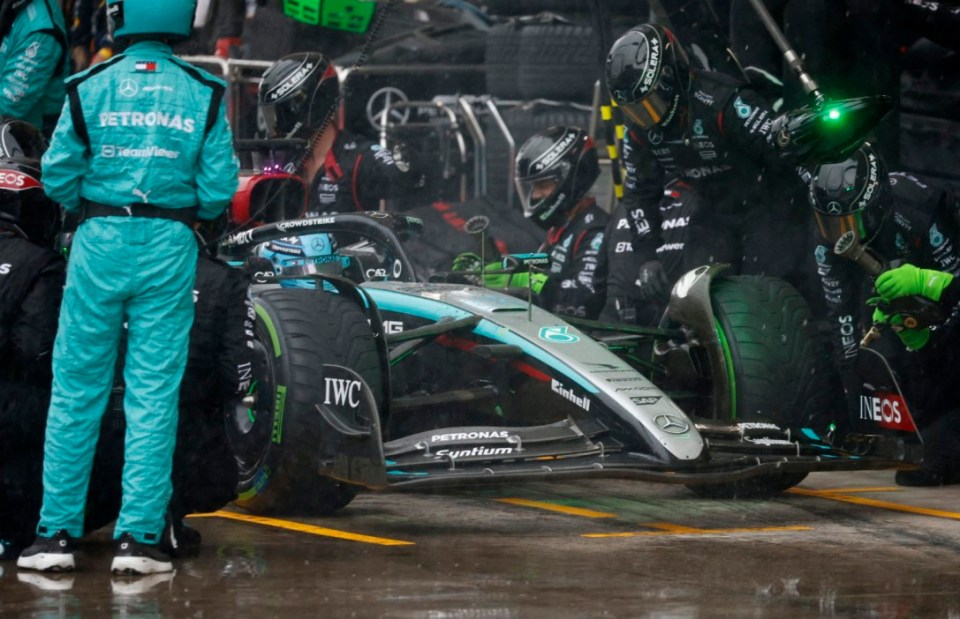 Formula One F1 - Sao Paulo Grand Prix - Autodromo Jose Carlos Pace, Sao Paulo, Brazil - November 3, 2024 Mercedes' George Russell is seen in the pit lane as the race is stopped for a red flag Pool via REUTERS/Sebastiao Moreira