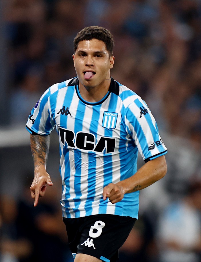 Soccer Football - Copa Sudamericana - Semi Final - Second Leg - Racing Club v Corinthians - Estadio Presidente Peron, Avellaneda, Argentina - October 31, 2024 Racing Club's Juan Fernando Quintero celebrates scoring their first goal REUTERS/Agustin Marcarian