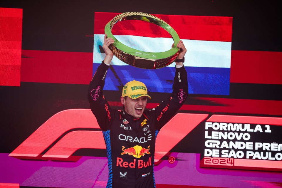 Mandatory Credit: Photo by FLORENT GOODEN/DPPI/REX/Shutterstock (14858779eh) VERSTAPPEN Max (ned), Red Bull Racing RB20, portrait celebrating victory on the podium during the Formula 1 Grande Premio de Sao Paulo 2024, 21th round of the 2024 Formula One World Championship from November 1 to 3, 2024 on the Interlagos Circuit, in Sao Paulo, Brazil - Photo Florent Gooden / DPPI F1 - SAO PAULO GRAND PRIX 2024, , Interlagos, Br¿sil - 03 Nov 2024