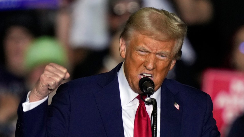 Donald Trump speaking into a microphone, fist raised.