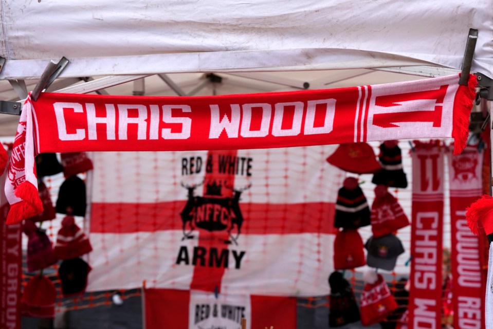 A Chris Wood scarf before the Premier League match at the City Ground, Nottingham. Picture date: Sunday November 10, 2024. PA Photo. See PA story SOCCER Forest. Photo credit should read: Nick Potts/PA Wire. RESTRICTIONS: EDITORIAL USE ONLY No use with unauthorised audio, video, data, fixture lists, club/league logos or "live" services. Online in-match use limited to 120 images, no video emulation. No use in betting, games or single club/league/player publications.