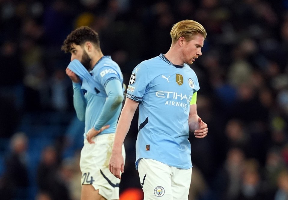 Manchester City's Kevin De Bruyne and Josko Gvardiol (left) after the final whistle of the UEFA Champions League, league stage match at the Etihad Stadium, Manchester. Picture date: Tuesday November 26, 2024. PA Photo. See PA story SOCCER Man City. Photo credit should read: Martin Rickett/PA Wire. RESTRICTIONS: Use subject to restrictions. Editorial use only, no commercial use without prior consent from rights holder.